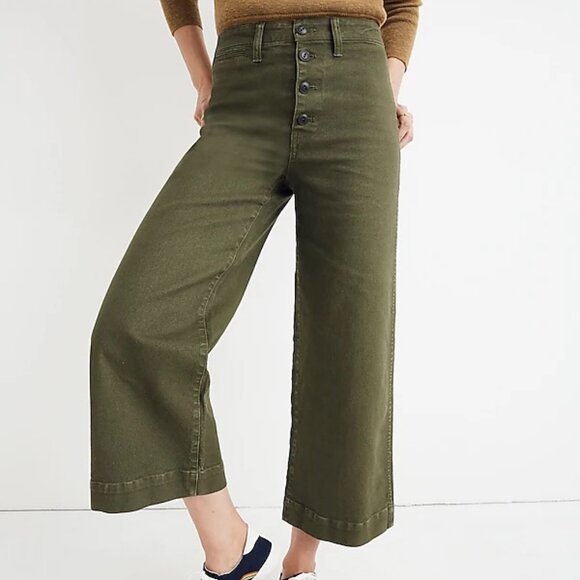 Madewell Emmett Wide-Leg Crop Pants Army Green Button-Front Edition Size 28 - Picture 2 of 7